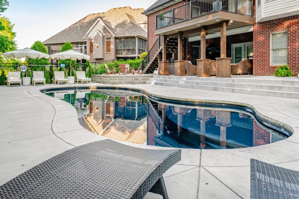 Image of a swimming pool contractor finished fiberglass pool and patio in Borden, Indiana